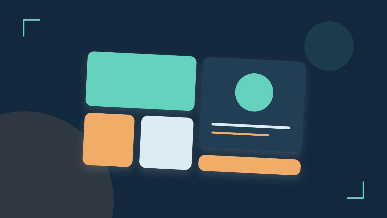 Editorial illustration of responsive browser layouts, overlapping design components and a color system
