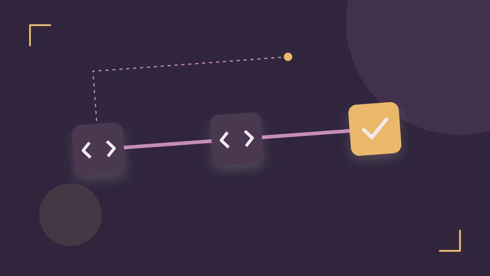 Editorial illustration of a branching build pipeline, staged transformations and a completed check