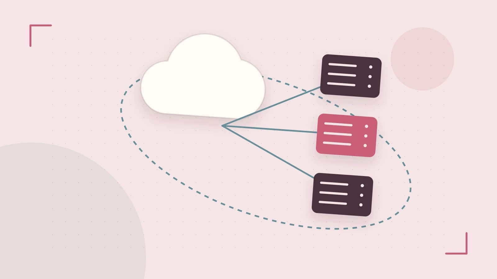 Editorial illustration of cloud infrastructure, connected server racks and an orbital service map
