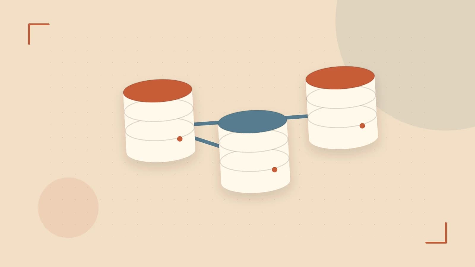 Editorial illustration of structured records, database cylinders and relationships between tables