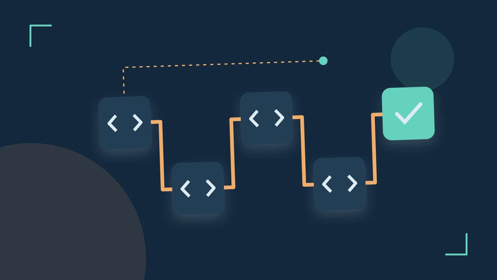 Editorial illustration of a branching build pipeline, staged transformations and a completed check