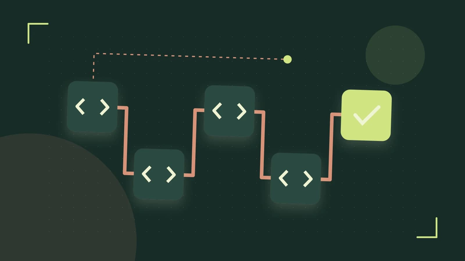 Editorial illustration of a branching build pipeline, staged transformations and a completed check