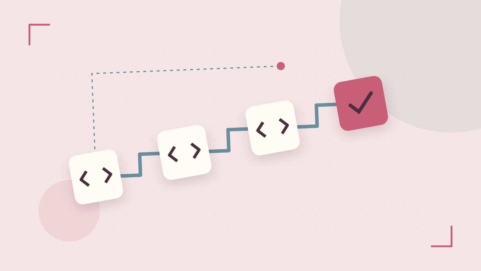 Editorial illustration of a branching build pipeline, staged transformations and a completed check