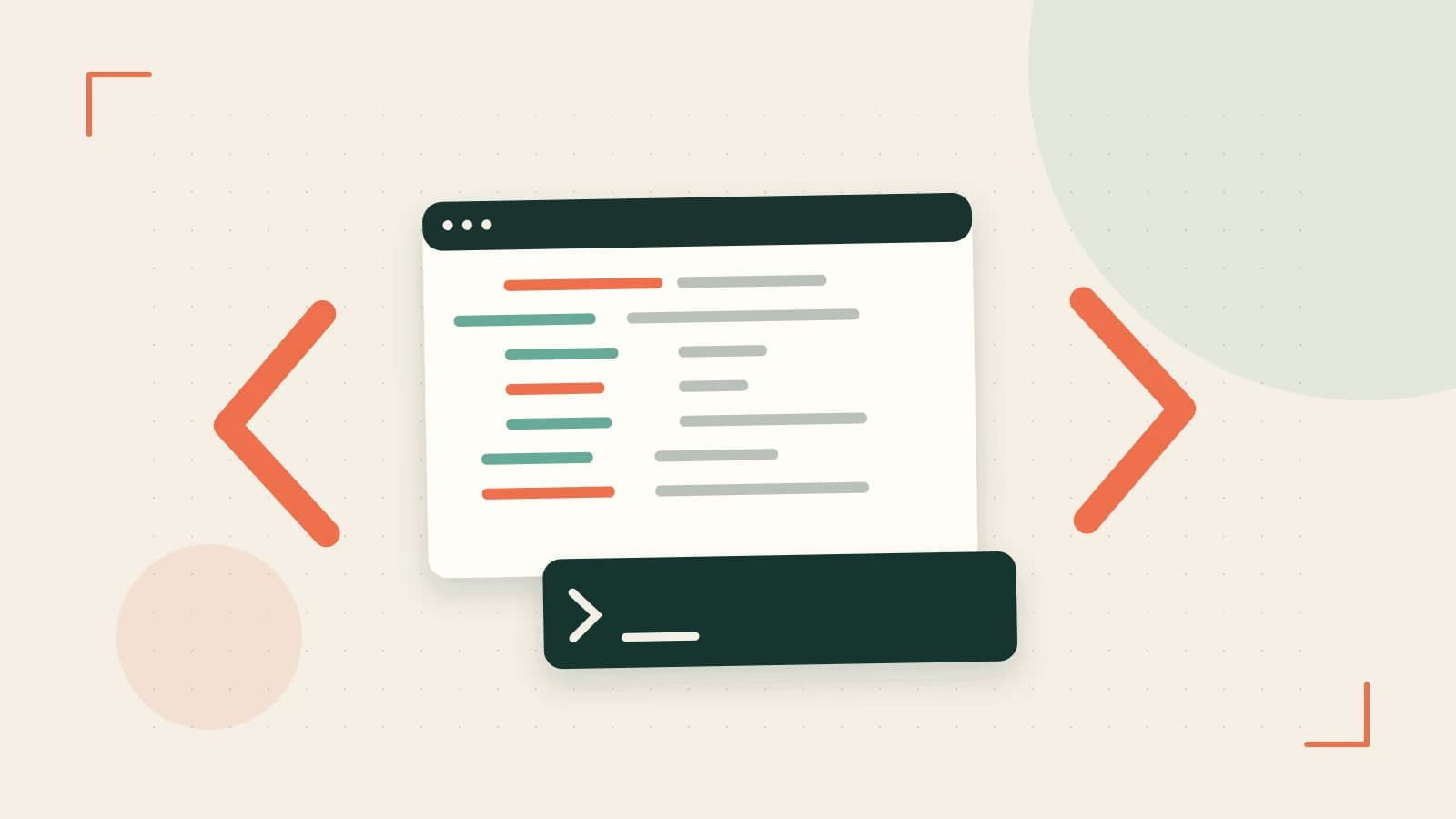 Editorial illustration of an abstract code editor, syntax blocks and oversized programming brackets