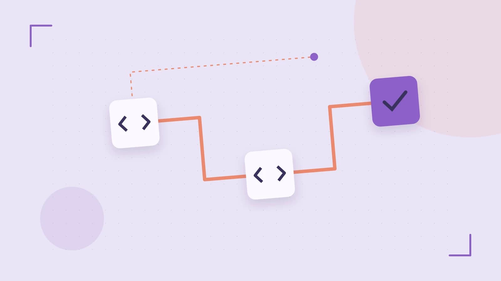 Editorial illustration of a branching build pipeline, staged transformations and a completed check