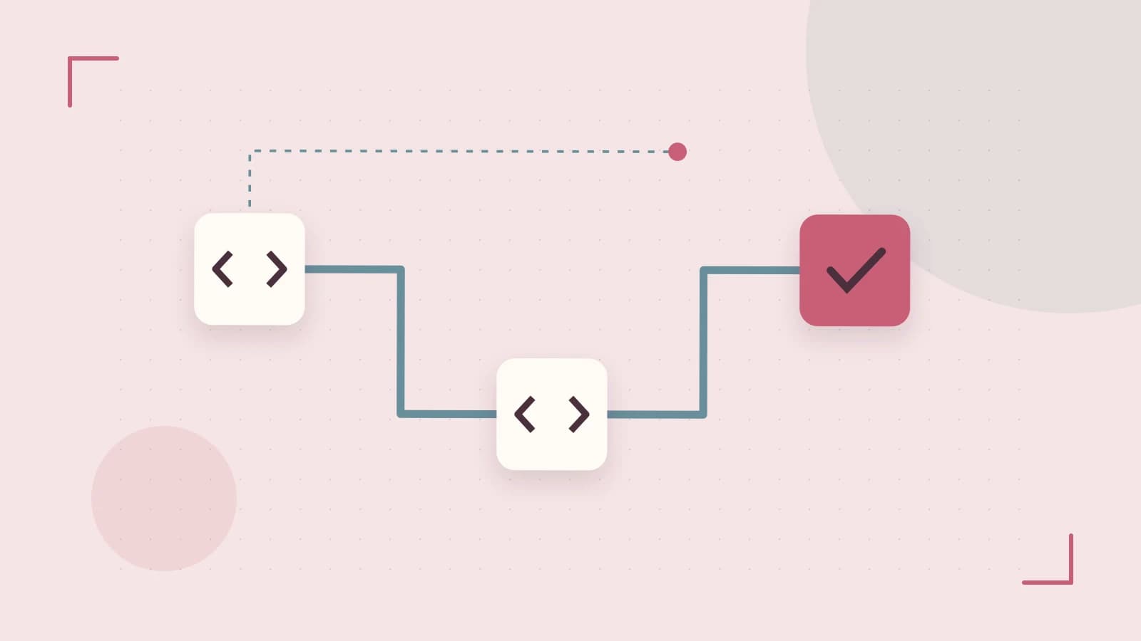 Editorial illustration of a branching build pipeline, staged transformations and a completed check