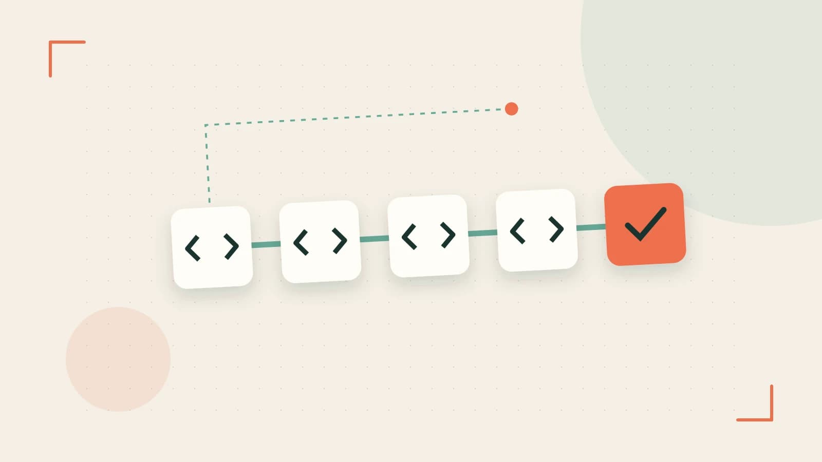 Editorial illustration of a branching build pipeline, staged transformations and a completed check