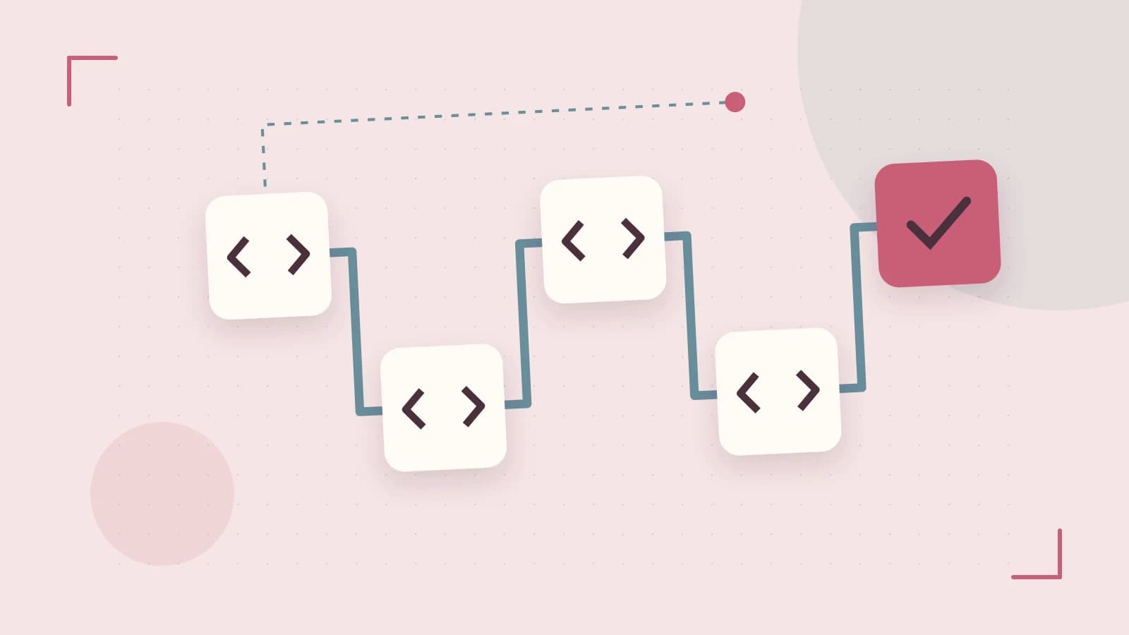 Editorial illustration of a branching build pipeline, staged transformations and a completed check