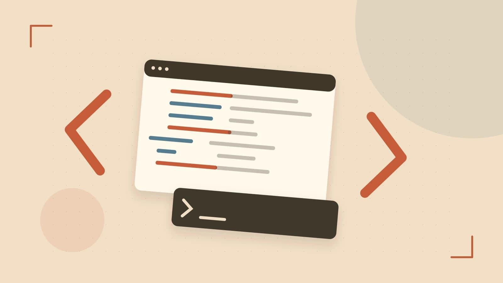 Editorial illustration of an abstract code editor, syntax blocks and oversized programming brackets