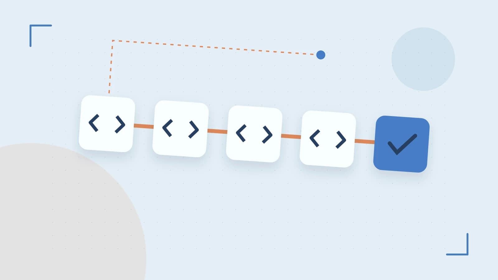 Editorial illustration of a branching build pipeline, staged transformations and a completed check