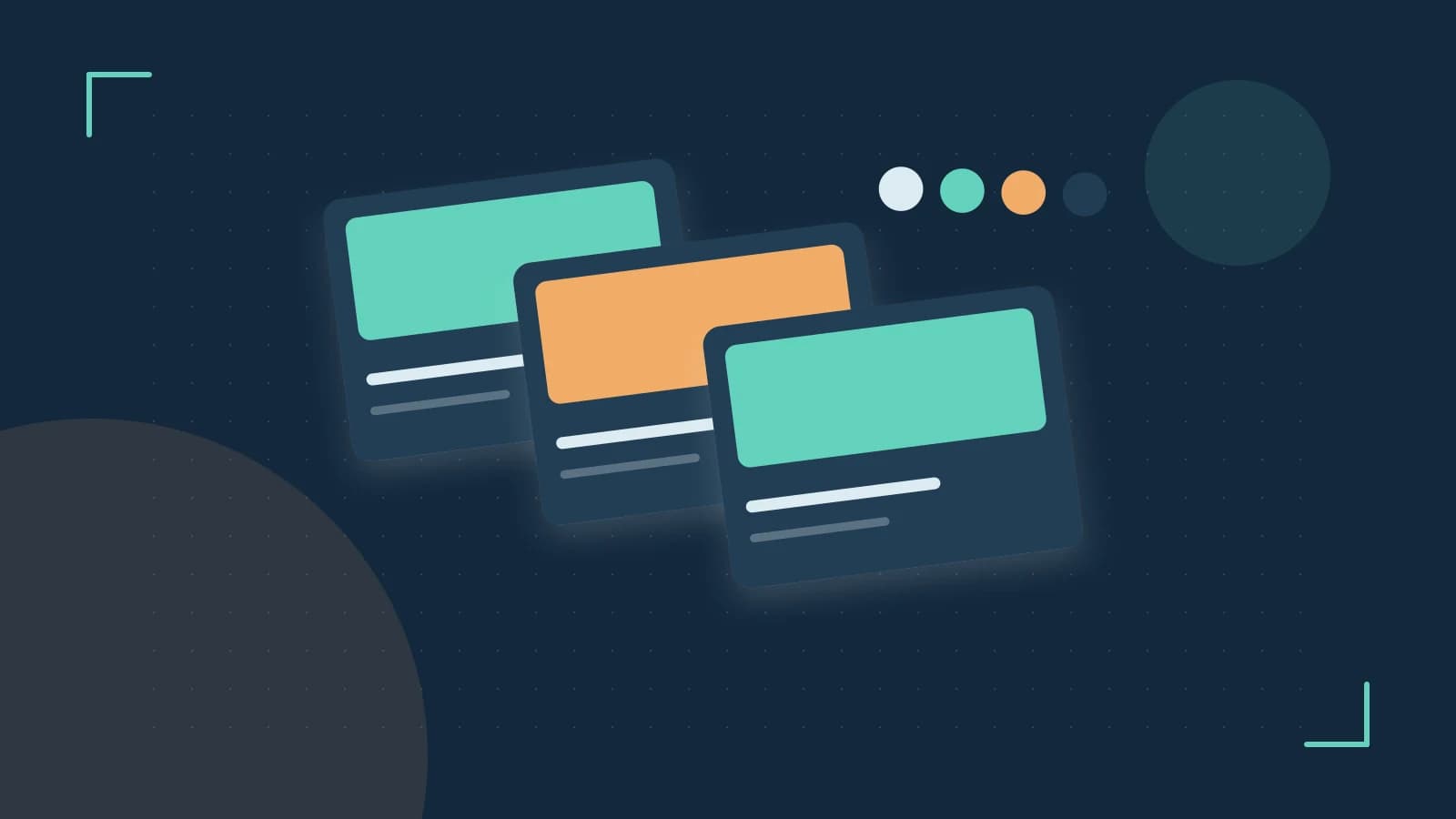 Editorial illustration of responsive browser layouts, overlapping design components and a color system