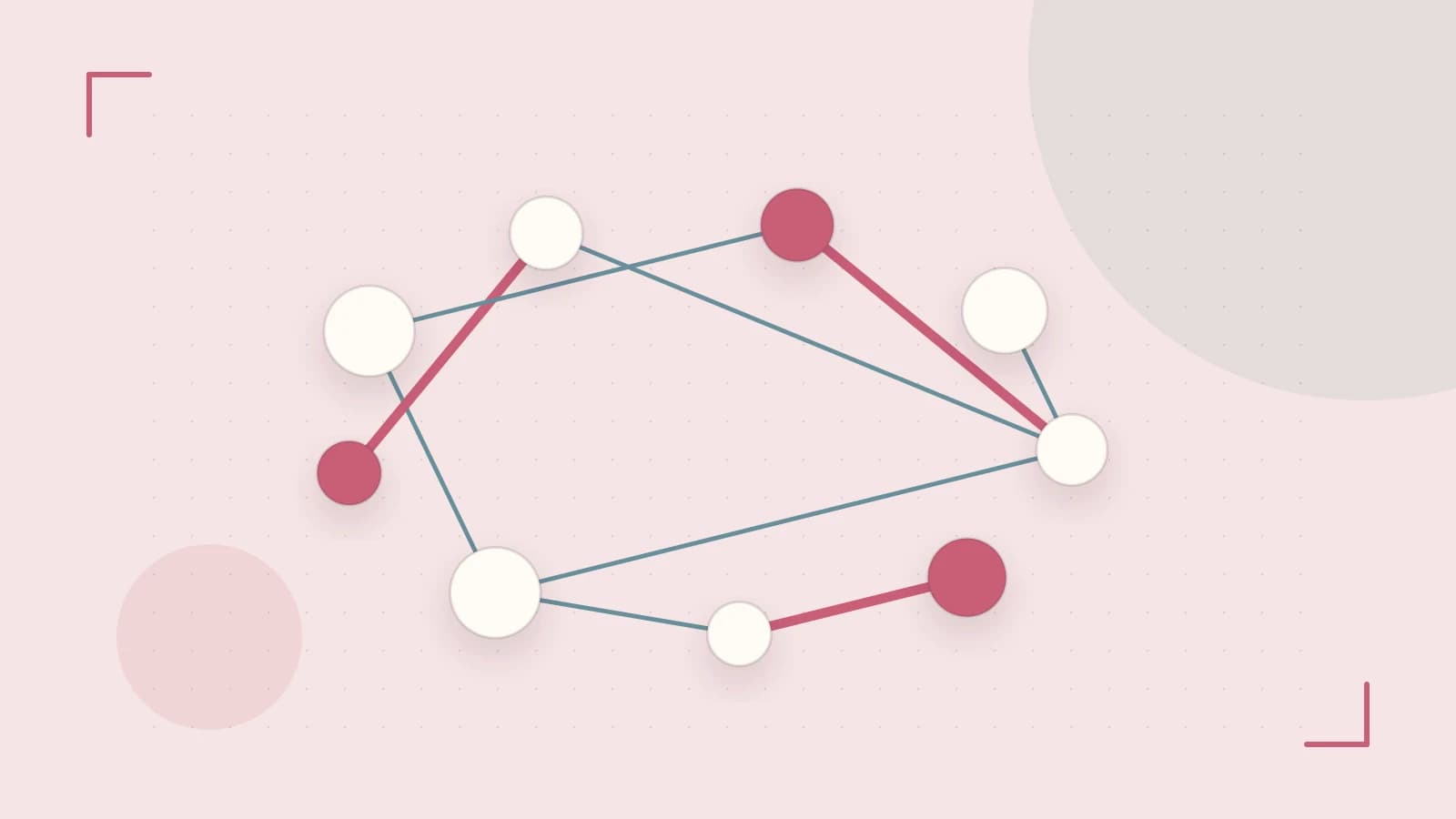 Editorial illustration of an algorithmic node graph with branching paths and a highlighted result