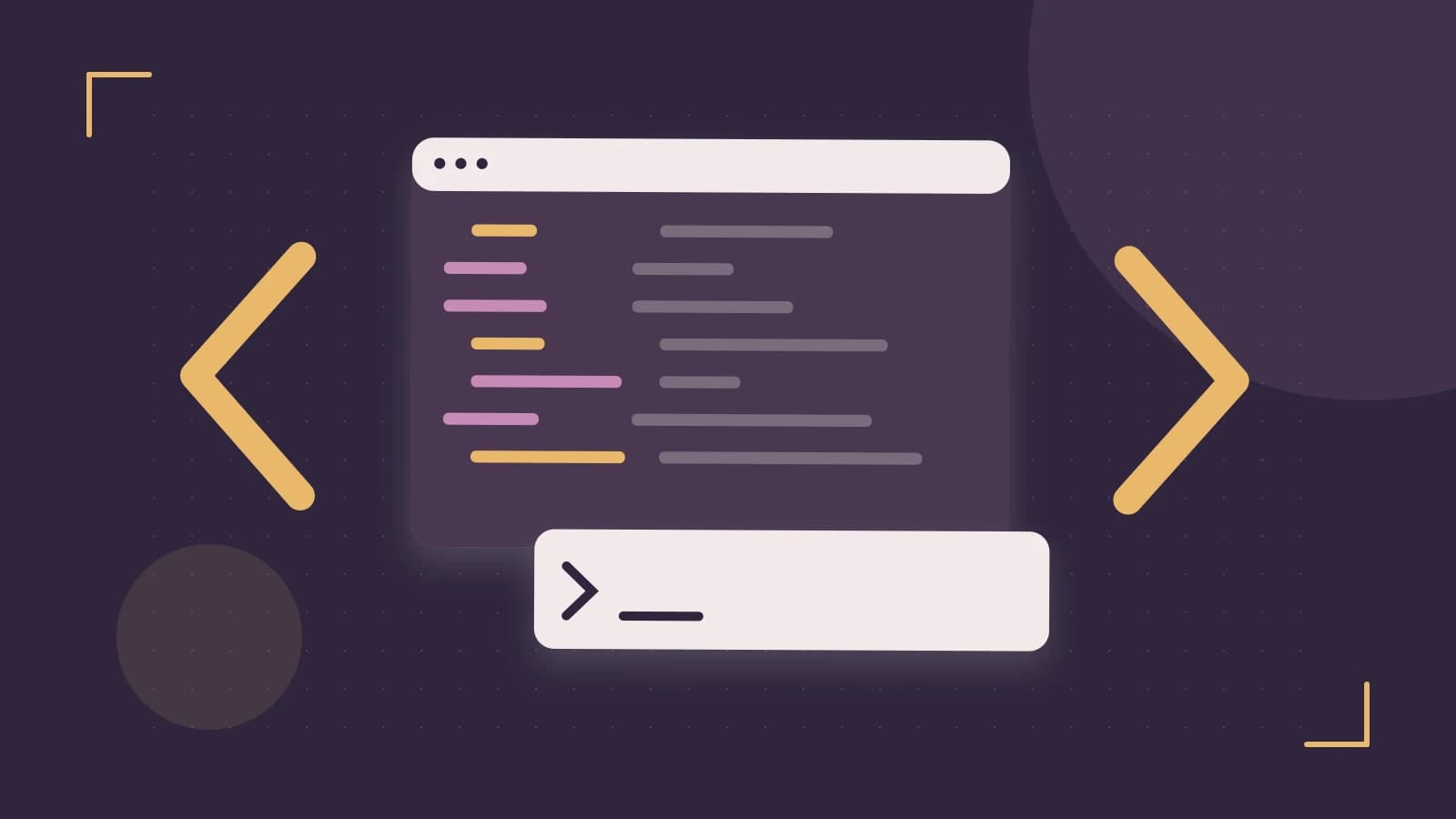 Editorial illustration of an abstract code editor, syntax blocks and oversized programming brackets