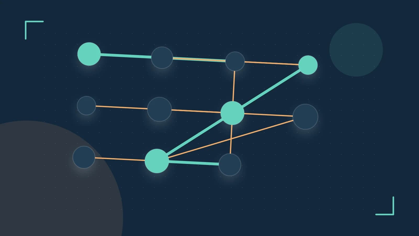 Editorial illustration of an algorithmic node graph with branching paths and a highlighted result