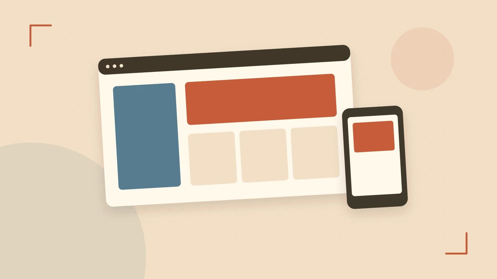 Editorial illustration of responsive browser layouts, overlapping design components and a color system