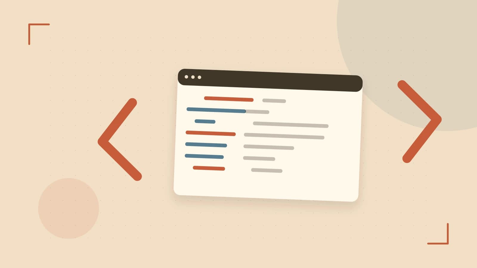 Editorial illustration of an abstract code editor, syntax blocks and oversized programming brackets