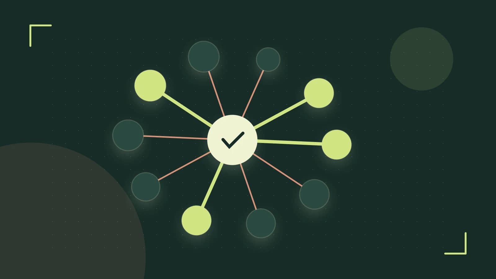 Editorial illustration of an algorithmic node graph with branching paths and a highlighted result