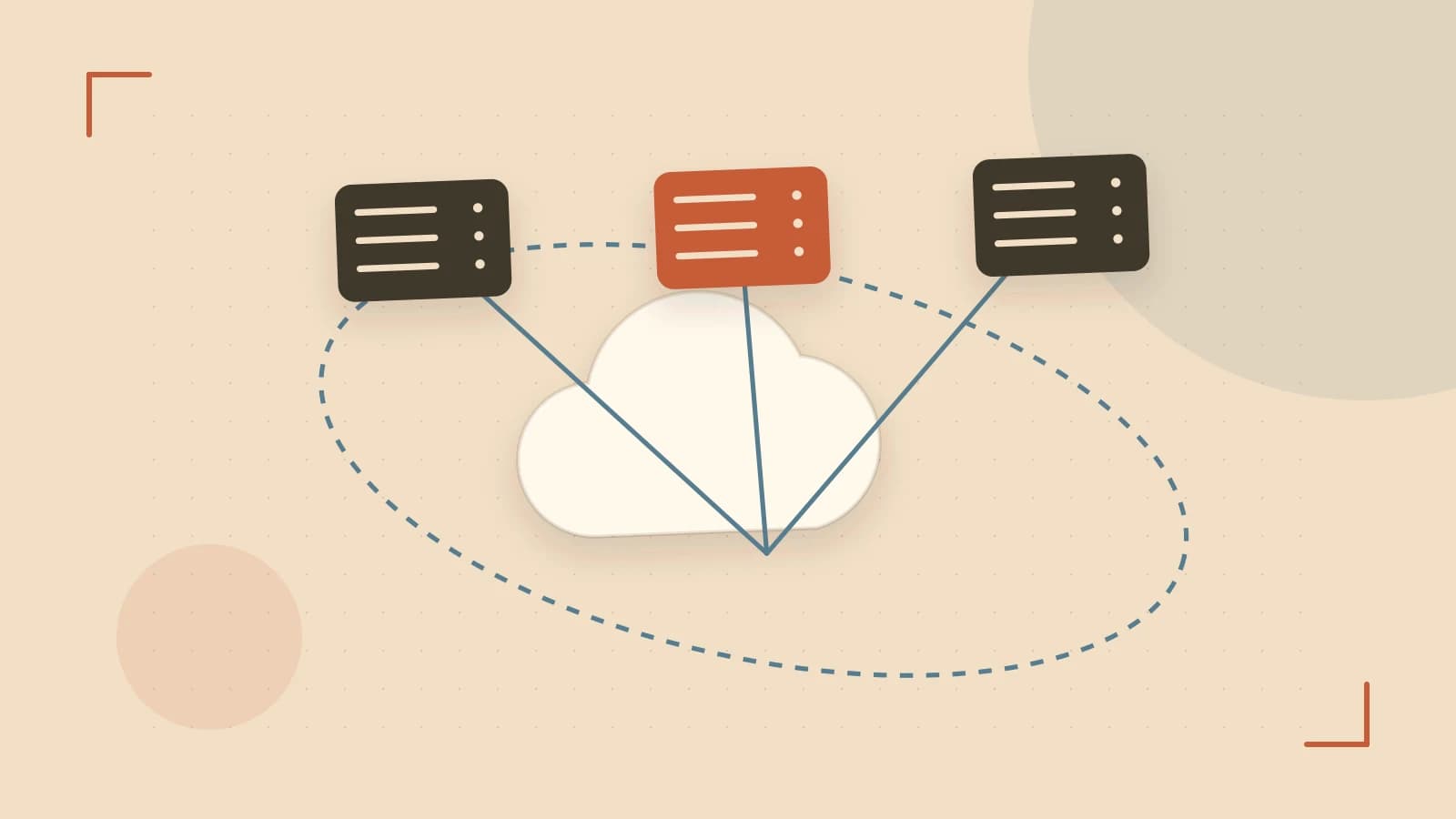 Editorial illustration of cloud infrastructure, connected server racks and an orbital service map