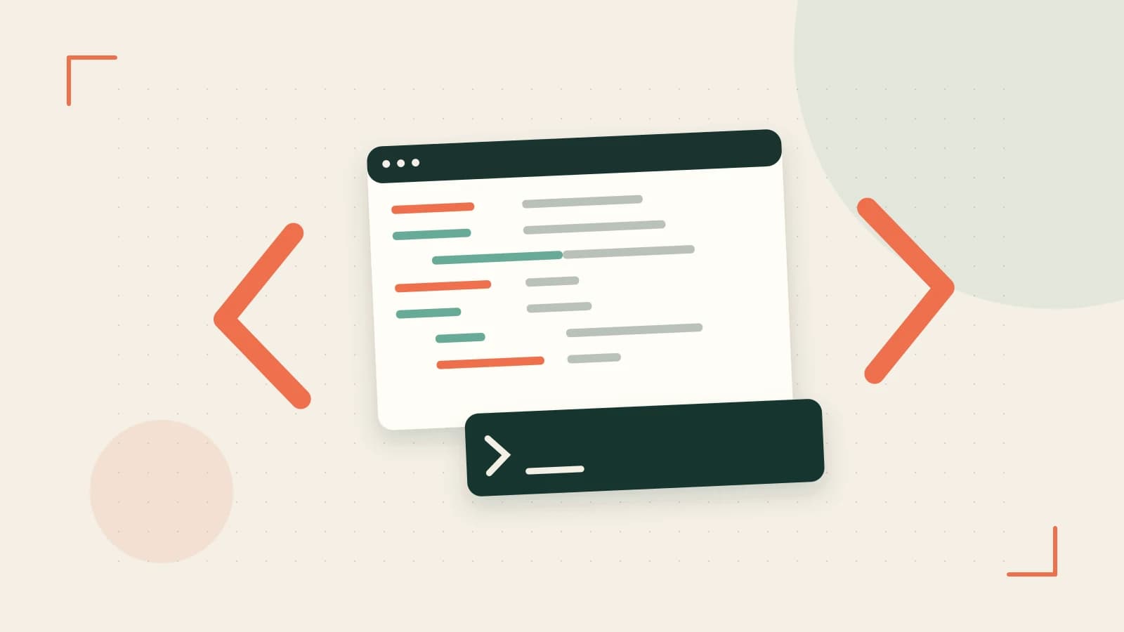 Editorial illustration of an abstract code editor, syntax blocks and oversized programming brackets