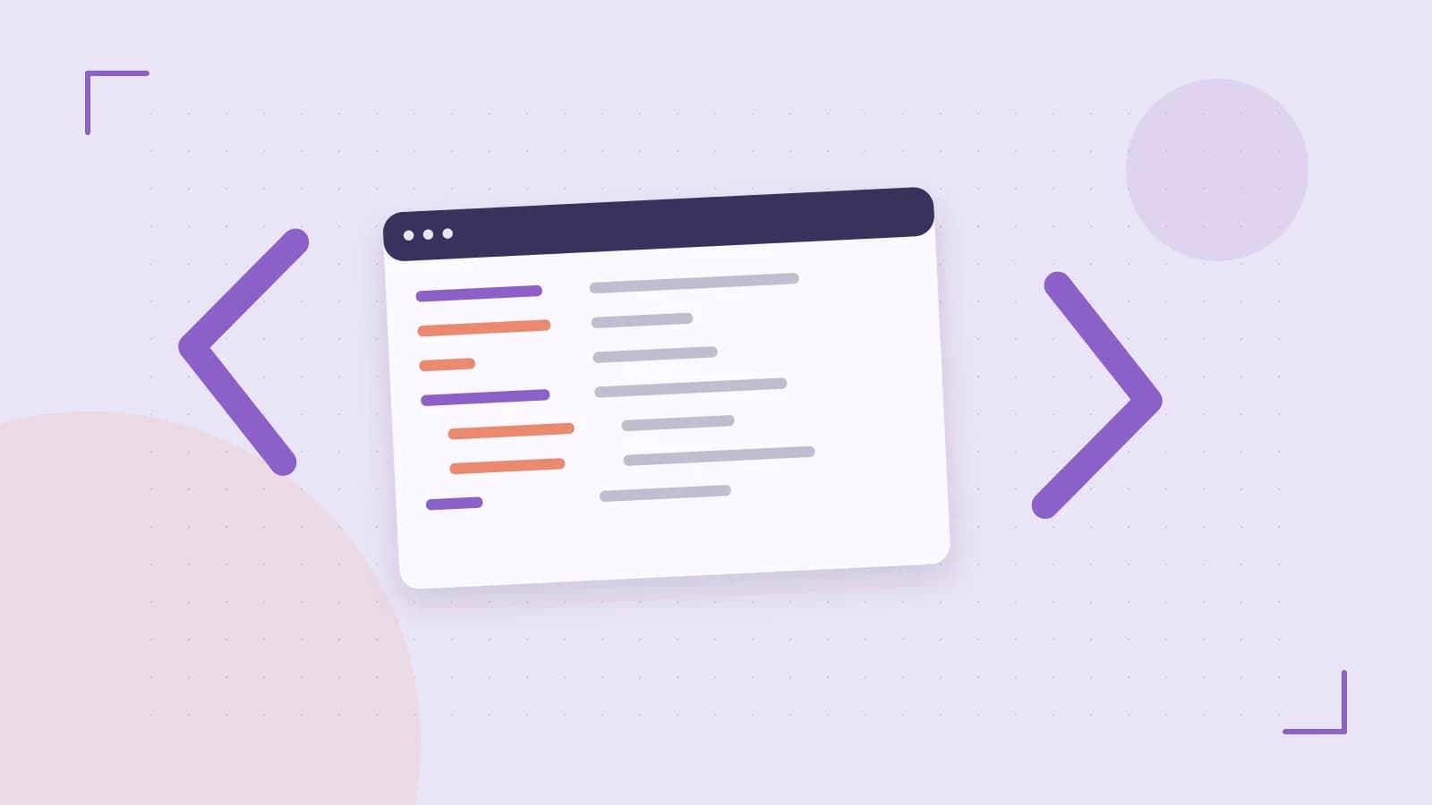 Editorial illustration of an abstract code editor, syntax blocks and oversized programming brackets