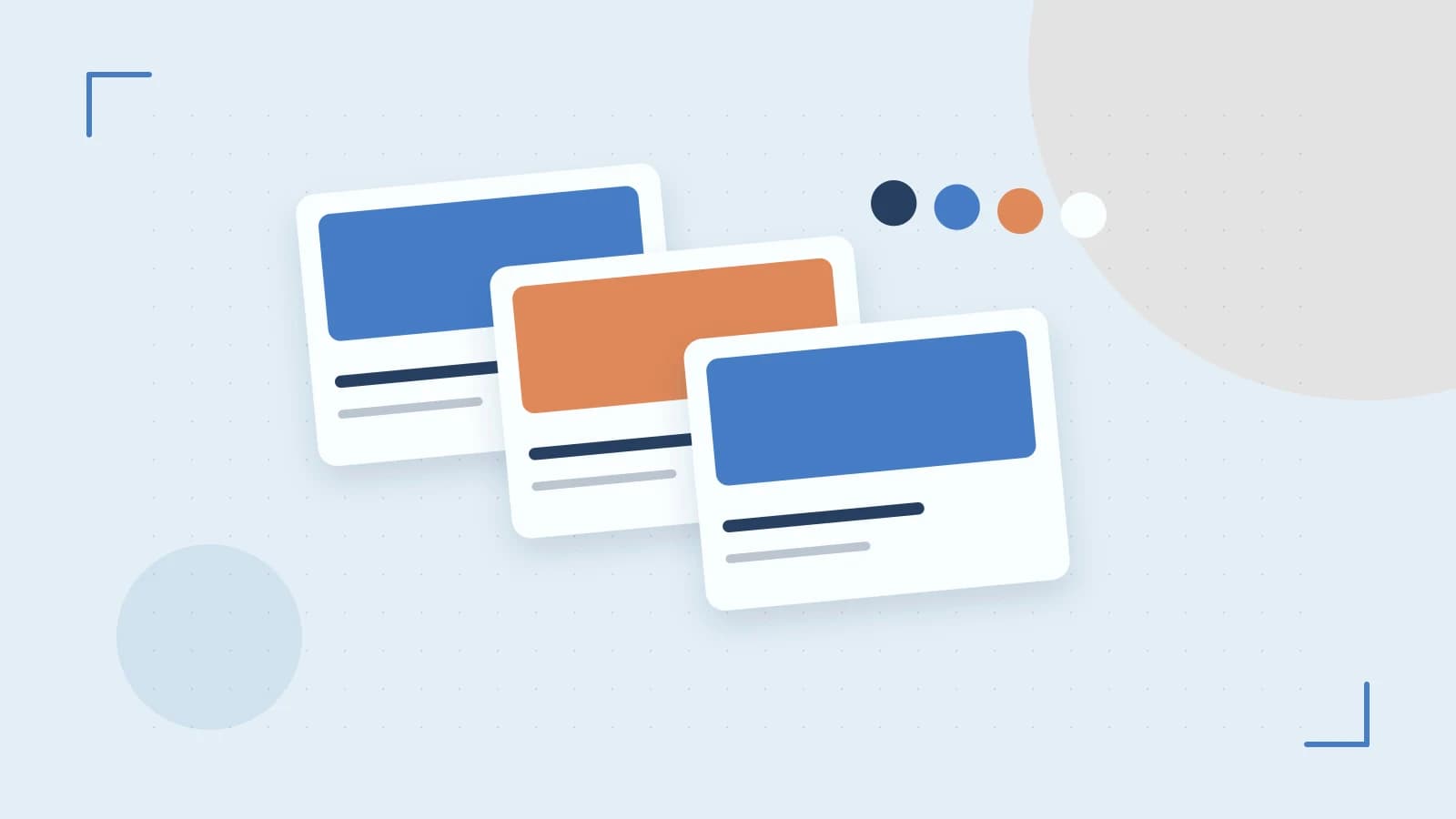 Editorial illustration of responsive browser layouts, overlapping design components and a color system
