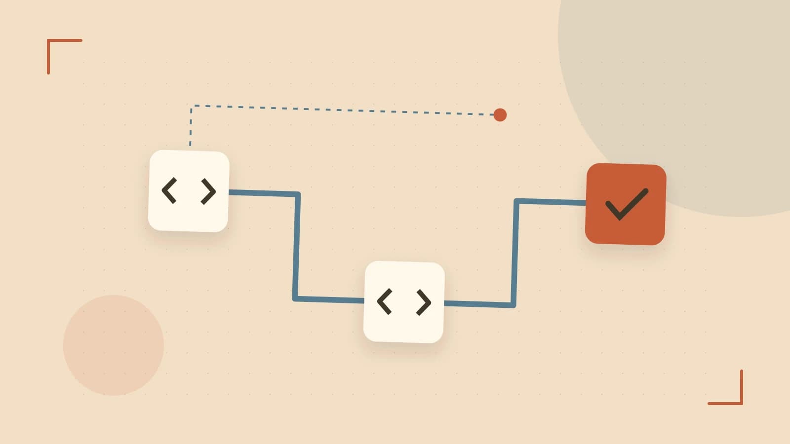 Editorial illustration of a branching build pipeline, staged transformations and a completed check