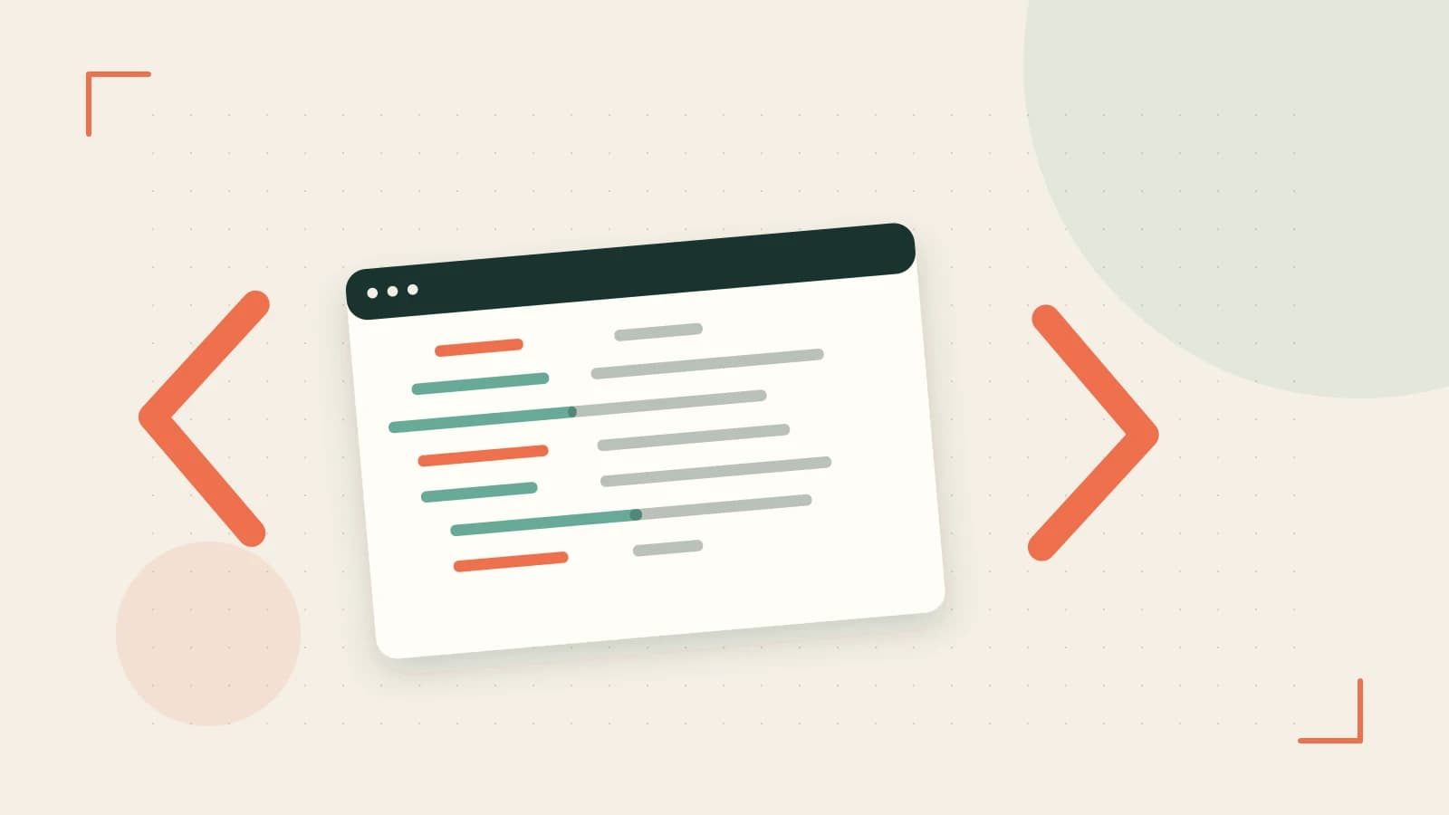 Editorial illustration of an abstract code editor, syntax blocks and oversized programming brackets