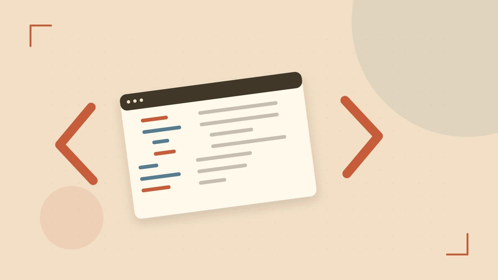 Editorial illustration of an abstract code editor, syntax blocks and oversized programming brackets