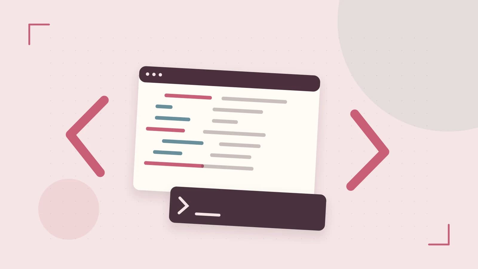 Editorial illustration of an abstract code editor, syntax blocks and oversized programming brackets