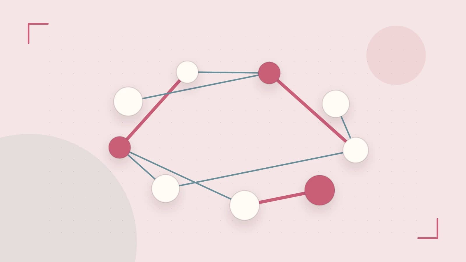 Editorial illustration of an algorithmic node graph with branching paths and a highlighted result