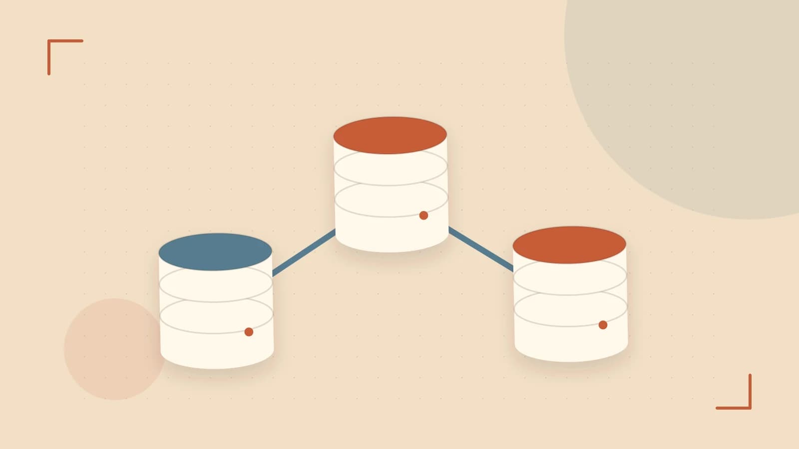 Editorial illustration of structured records, database cylinders and relationships between tables
