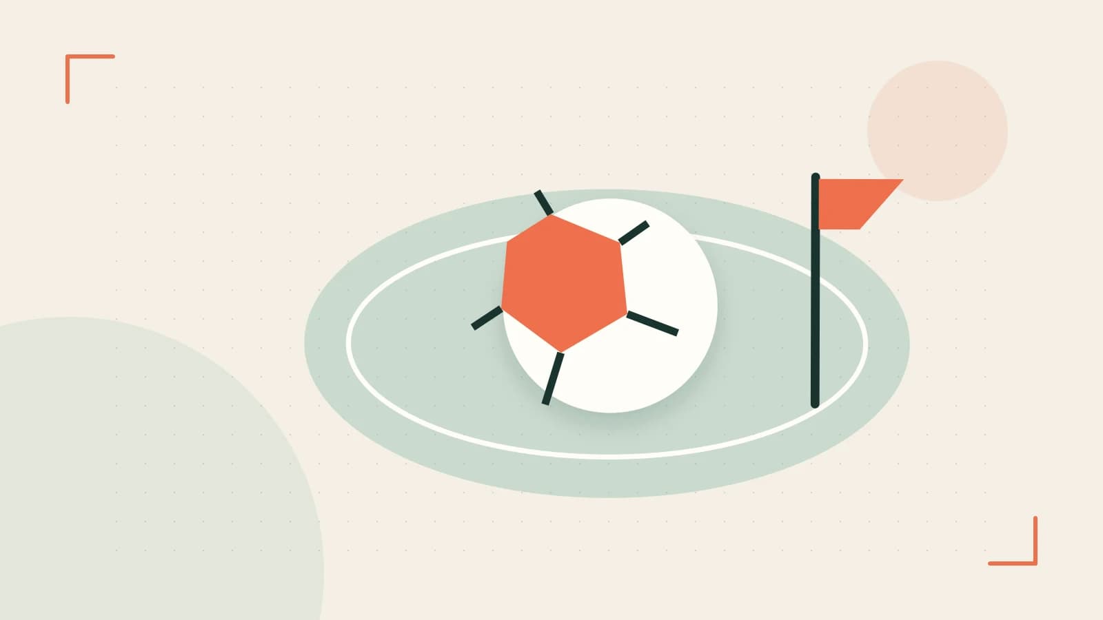 Editorial illustration of a stylized sports ball, stadium geometry and dynamic arcs