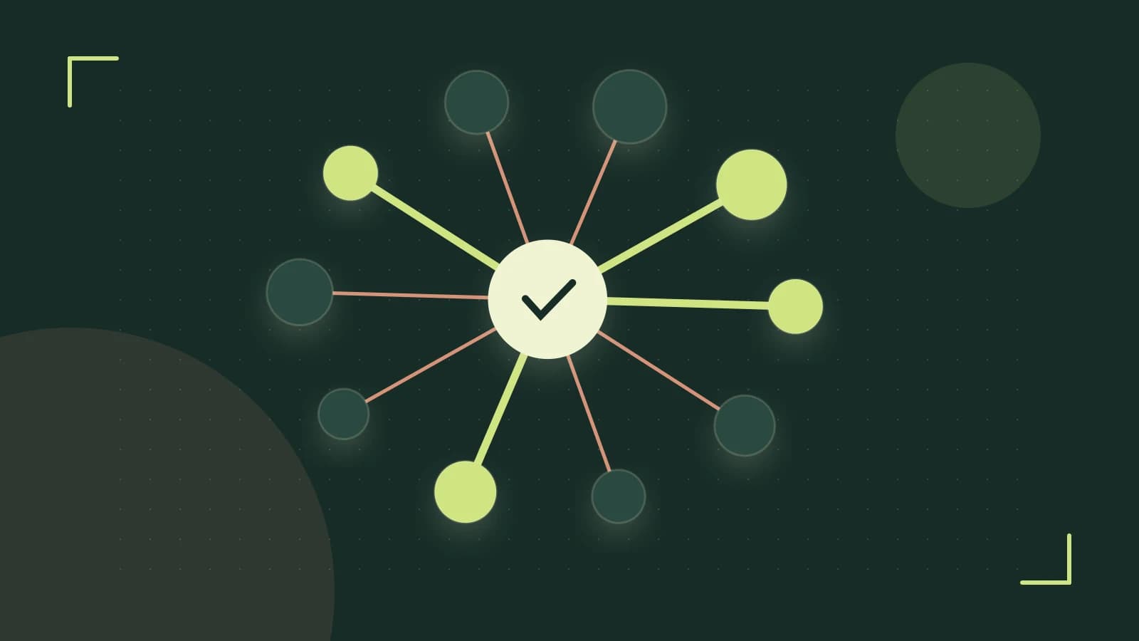 Editorial illustration of an algorithmic node graph with branching paths and a highlighted result