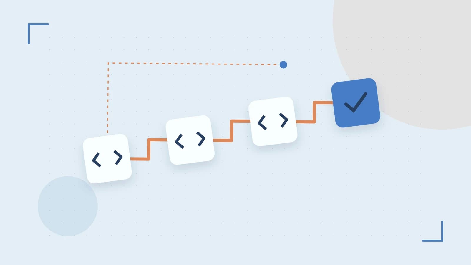 Editorial illustration of a branching build pipeline, staged transformations and a completed check