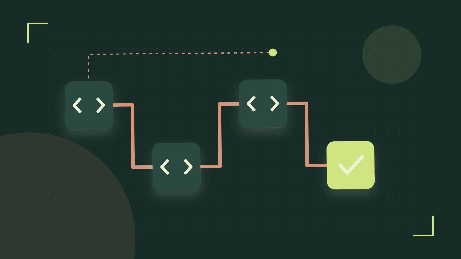 Editorial illustration of a branching build pipeline, staged transformations and a completed check