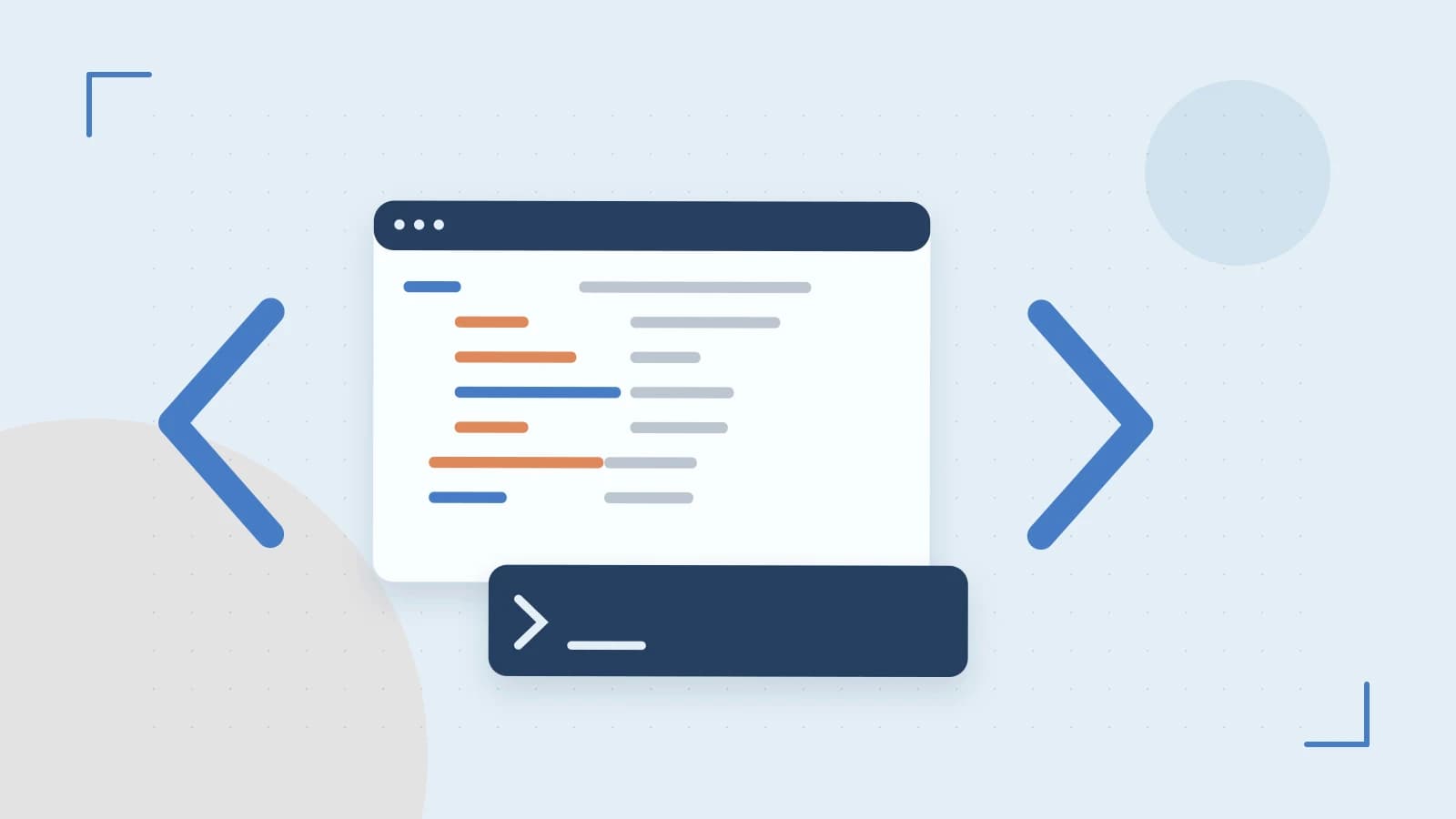 Editorial illustration of an abstract code editor, syntax blocks and oversized programming brackets