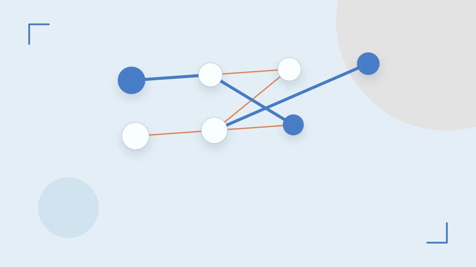 Editorial illustration of an algorithmic node graph with branching paths and a highlighted result