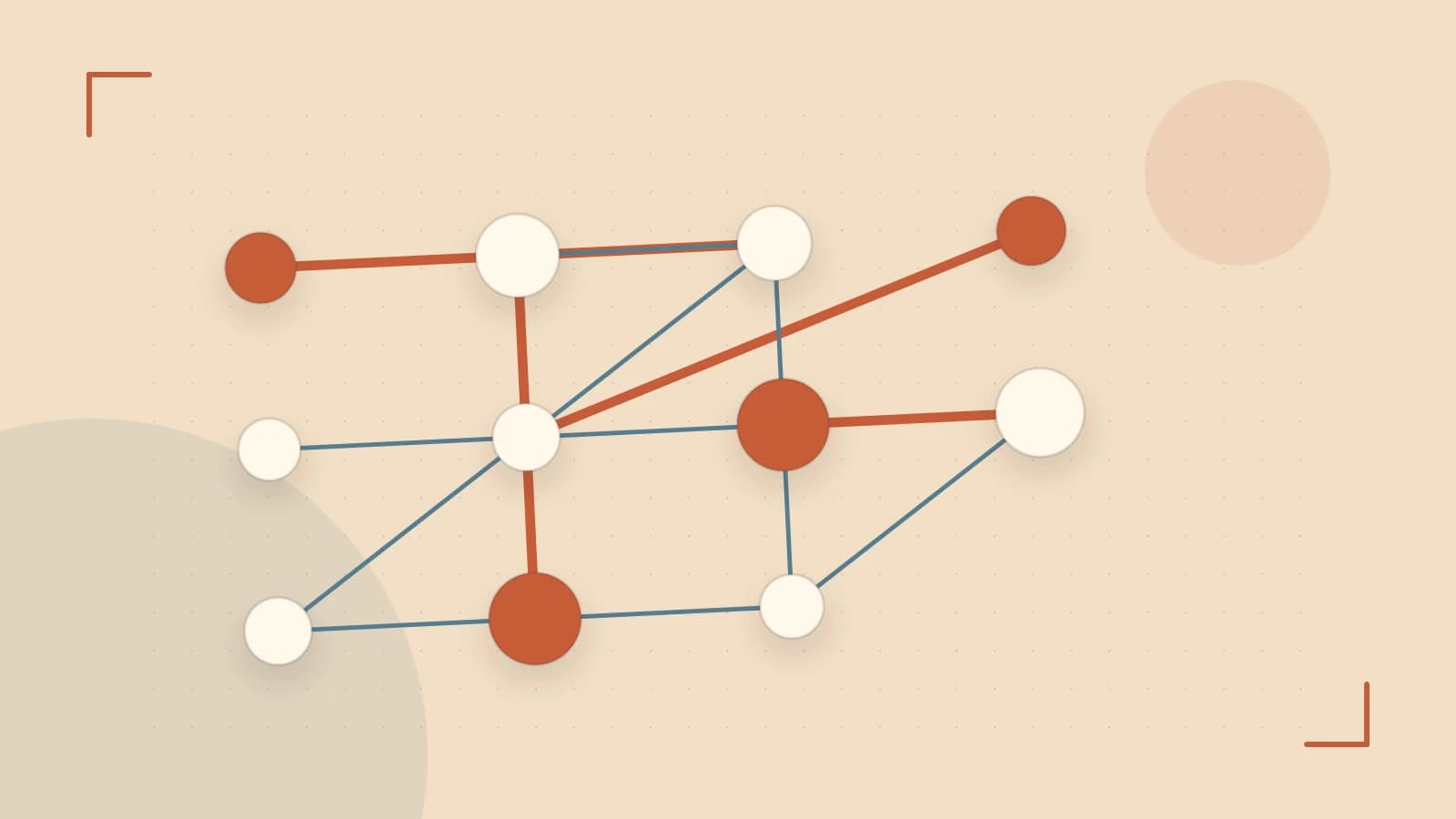 Editorial illustration of an algorithmic node graph with branching paths and a highlighted result