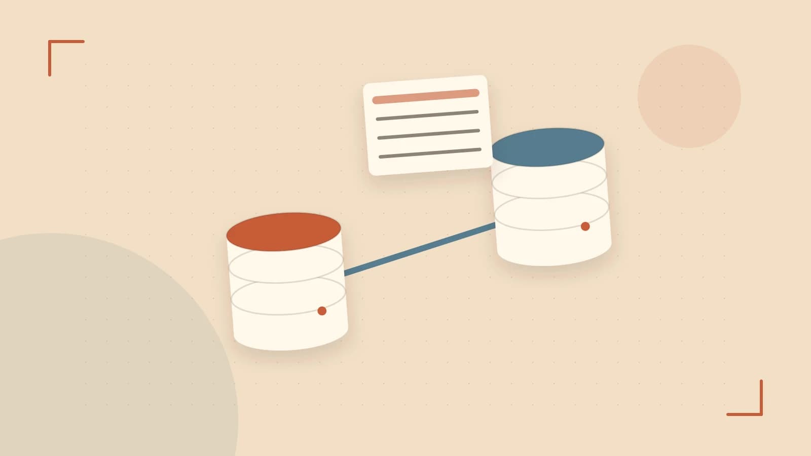 Editorial illustration of structured records, database cylinders and relationships between tables