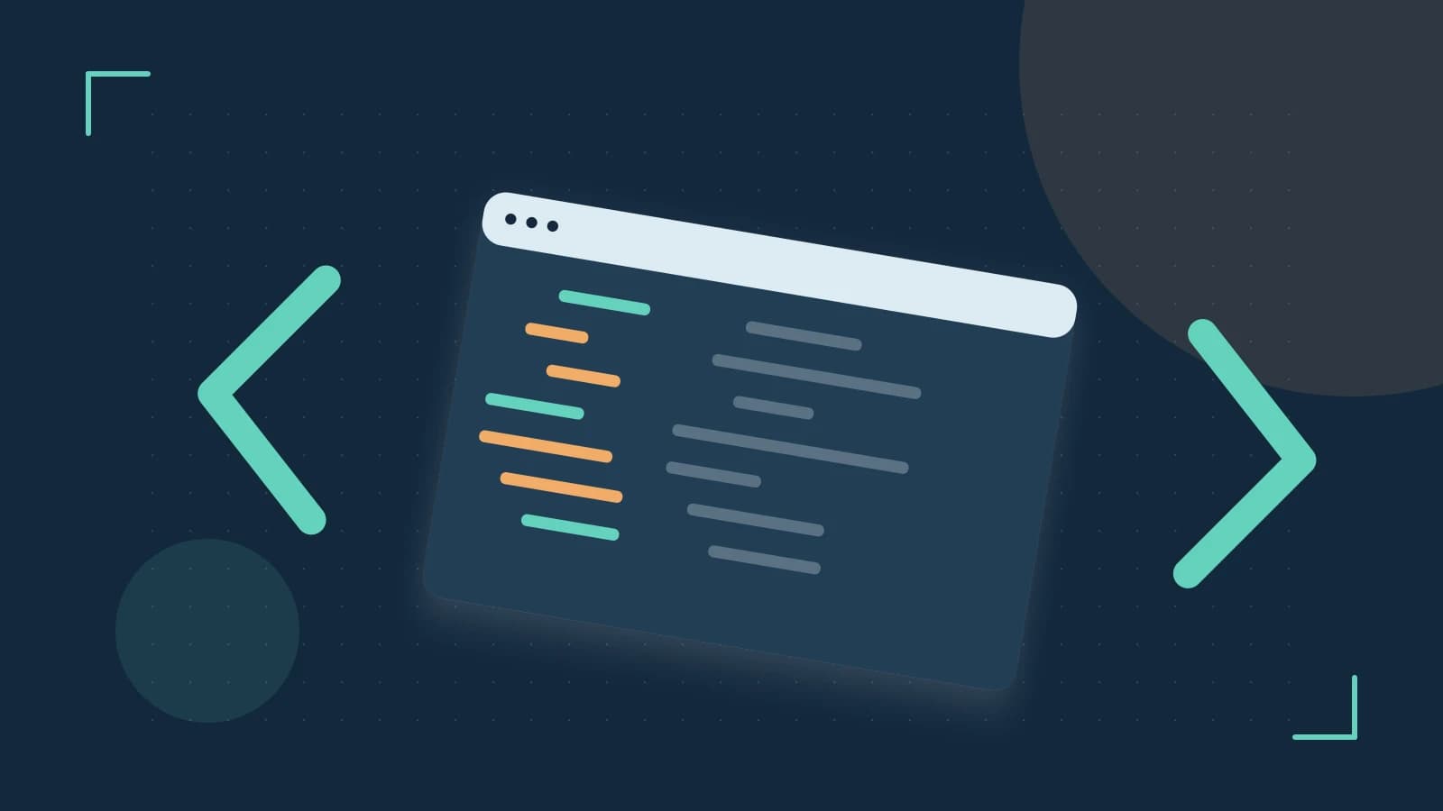 Editorial illustration of an abstract code editor, syntax blocks and oversized programming brackets