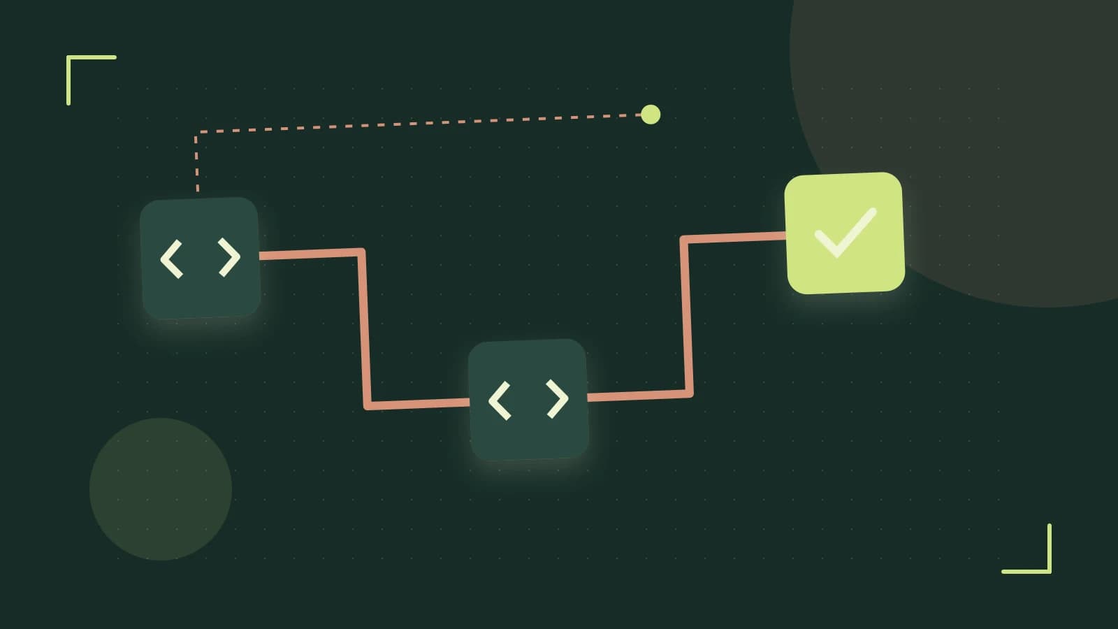 Editorial illustration of a branching build pipeline, staged transformations and a completed check