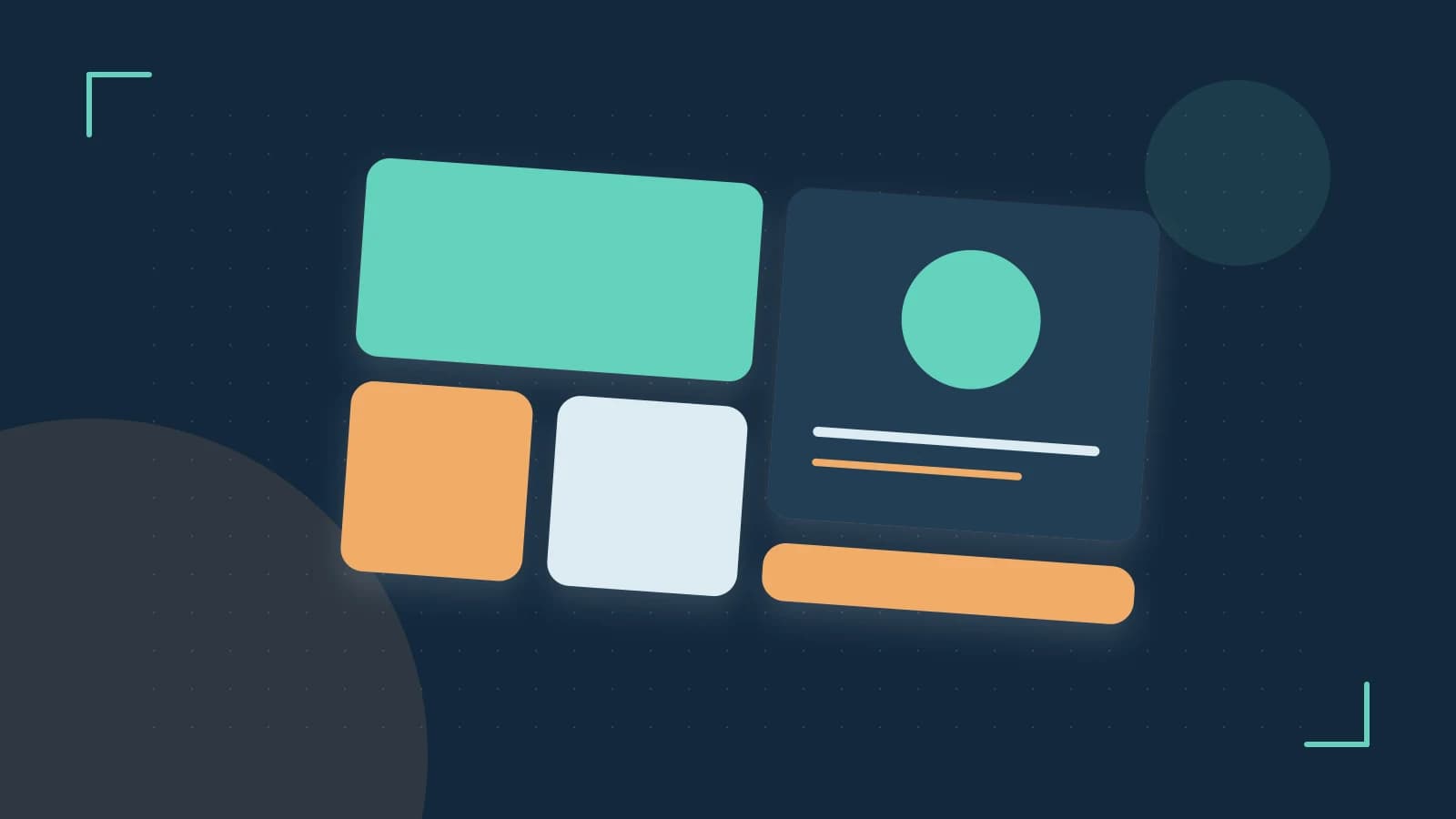 Editorial illustration of responsive browser layouts, overlapping design components and a color system