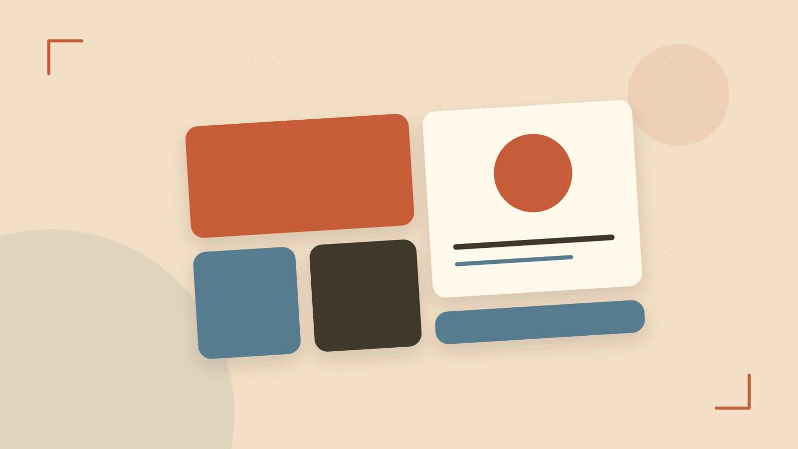 Editorial illustration of responsive browser layouts, overlapping design components and a color system