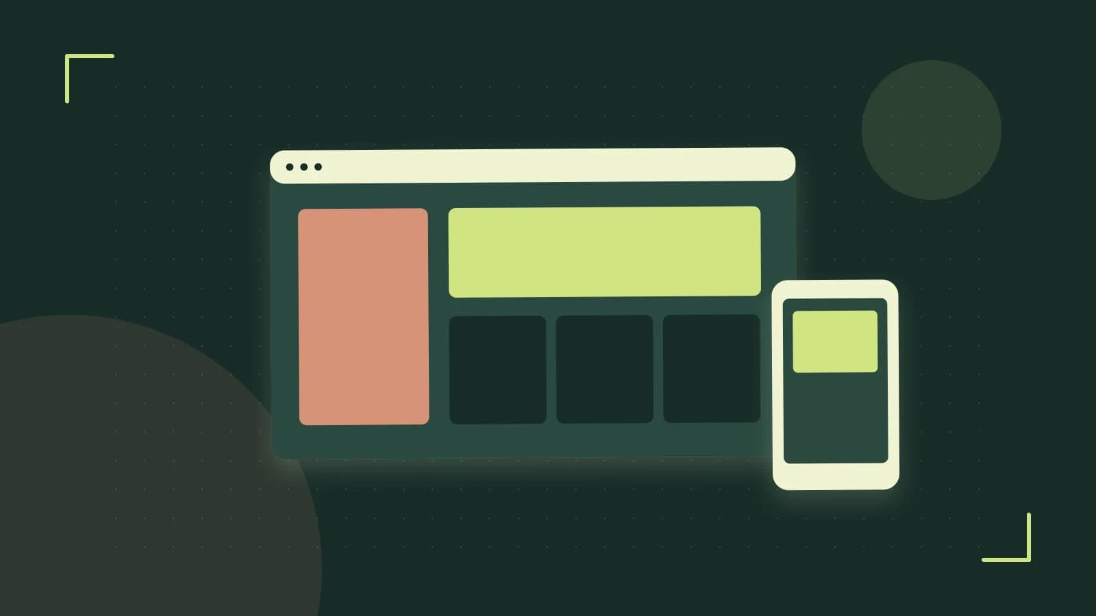Editorial illustration of responsive browser layouts, overlapping design components and a color system