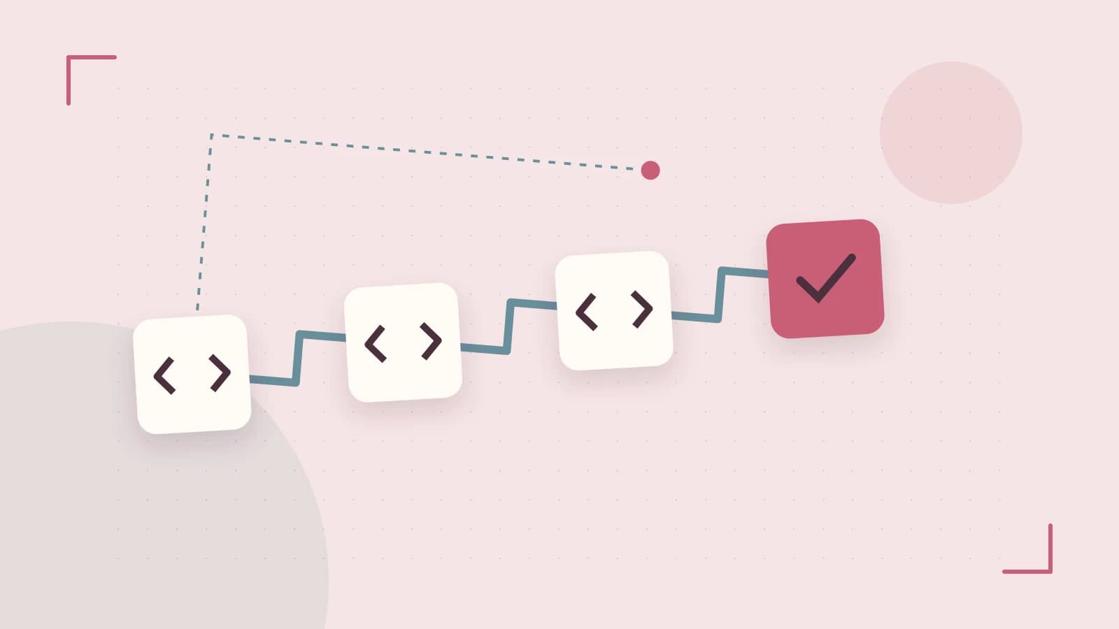 Editorial illustration of a branching build pipeline, staged transformations and a completed check