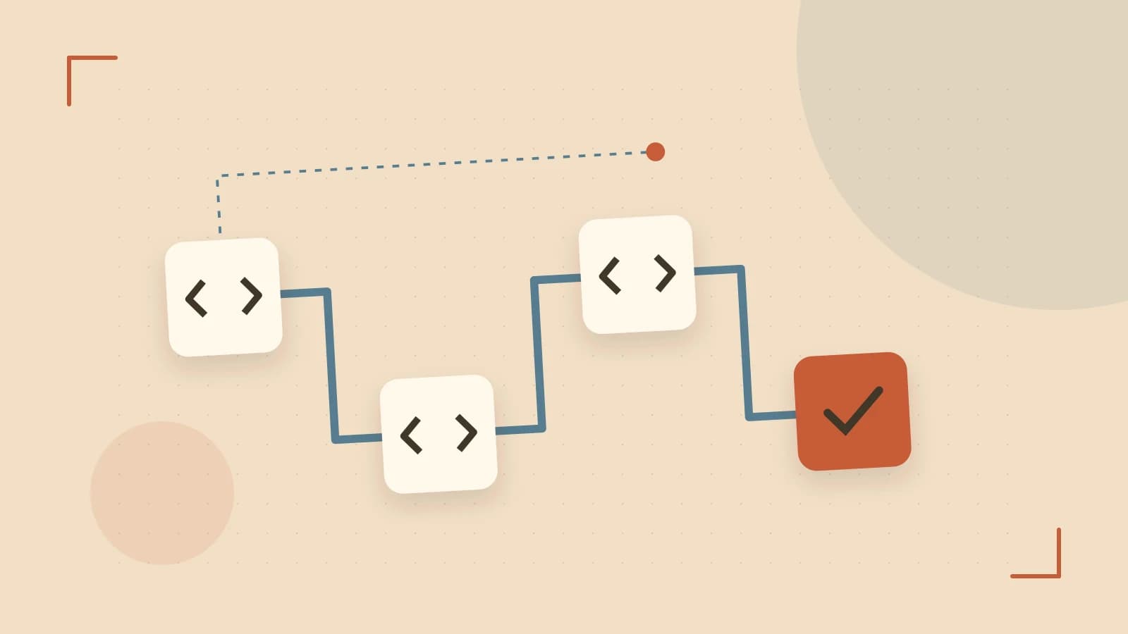 Editorial illustration of a branching build pipeline, staged transformations and a completed check