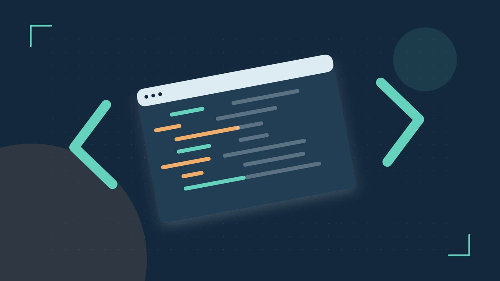 Editorial illustration of an abstract code editor, syntax blocks and oversized programming brackets