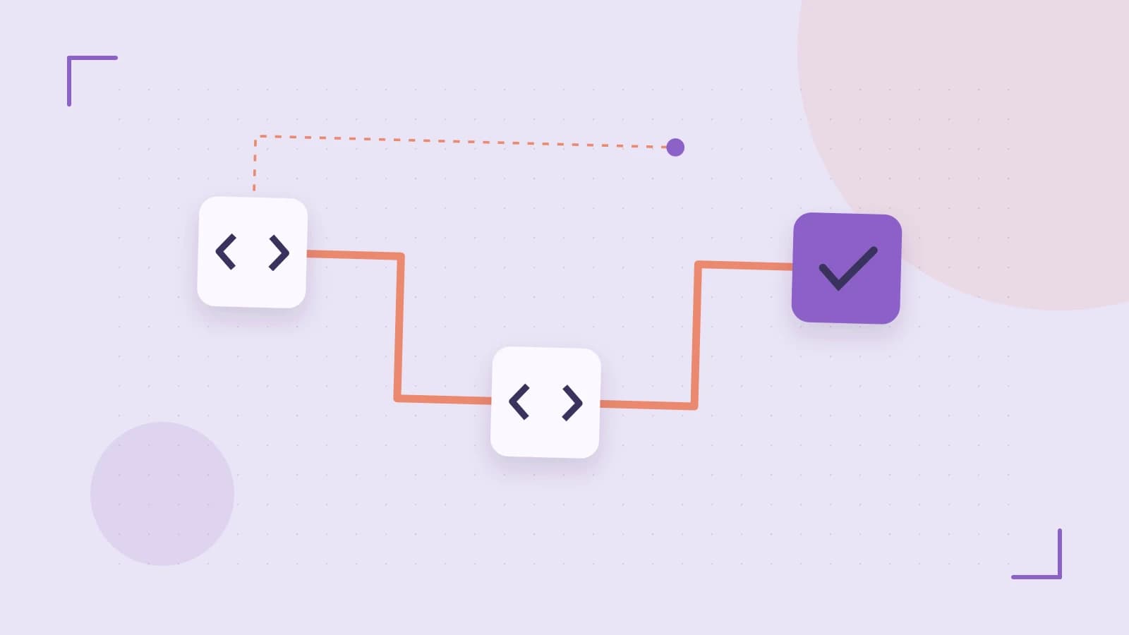 Editorial illustration of a branching build pipeline, staged transformations and a completed check