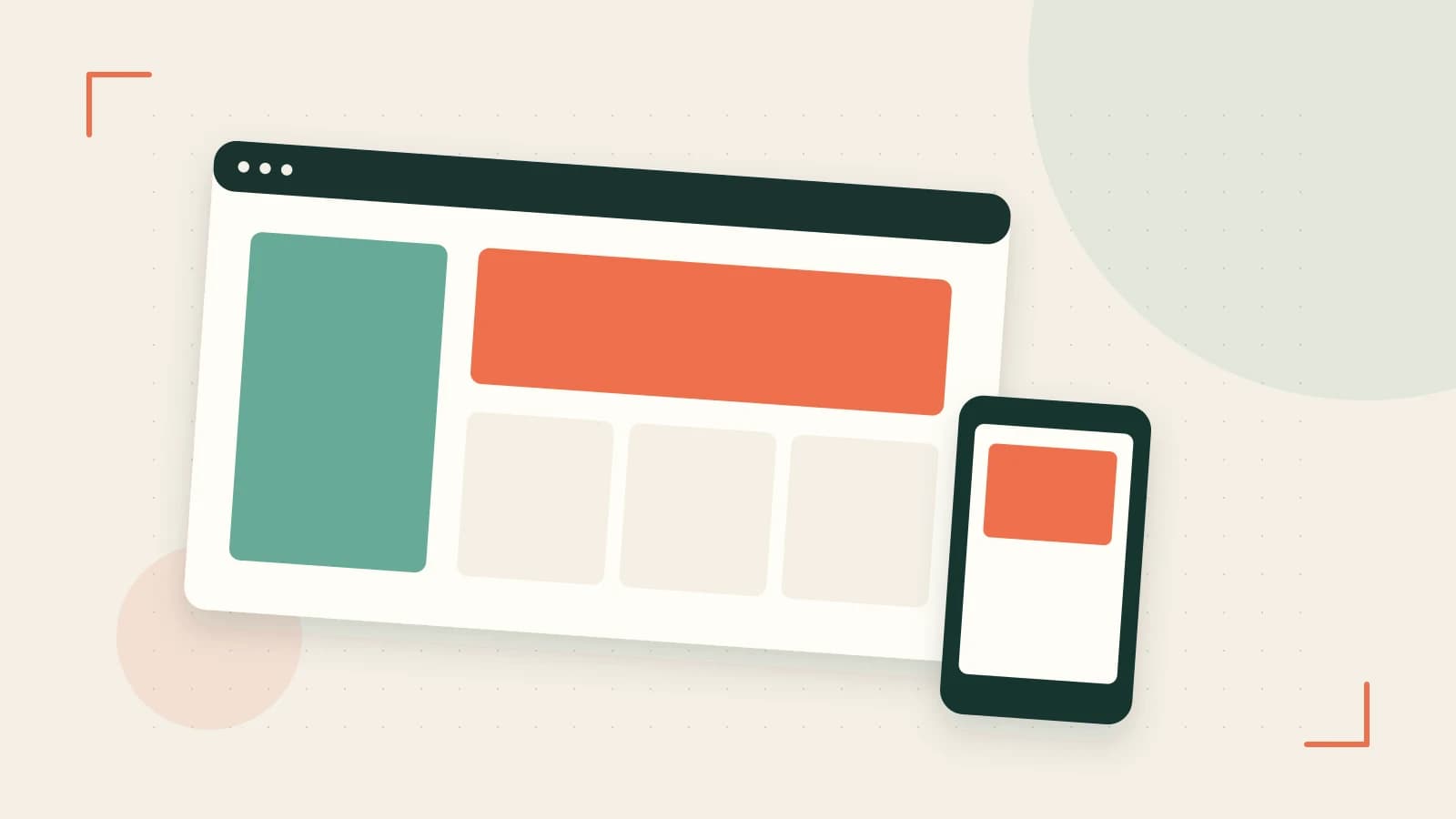 Editorial illustration of responsive browser layouts, overlapping design components and a color system