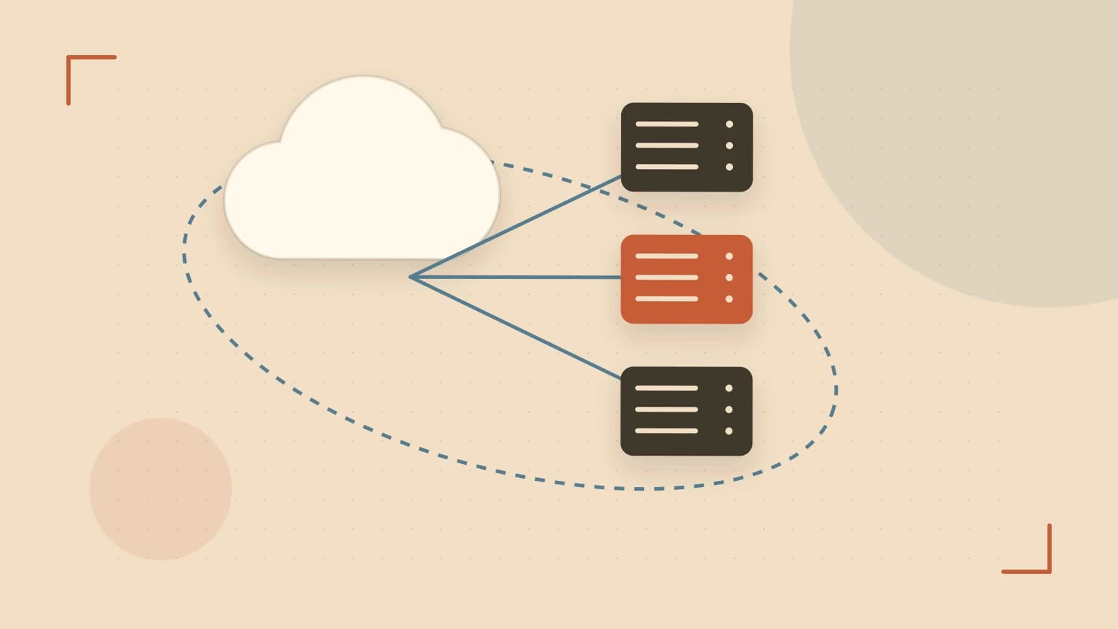Editorial illustration of cloud infrastructure, connected server racks and an orbital service map